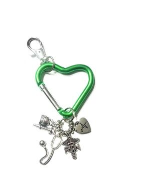 Green Heart Carabiner Keychain with RN Medical Charms